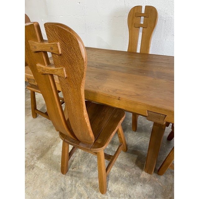 1980s De Puydt Oak Brutalist Primitive Dining Chairs and Table Set For Sale - Image 5 of 12