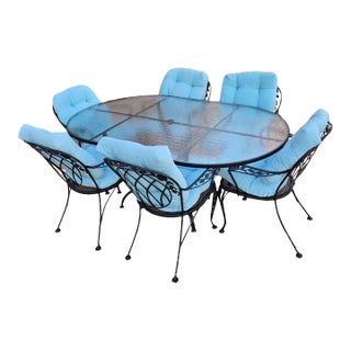 Vintage Wrought Iron Outdoor Table With Glass Top and 6 Chairs For Sale