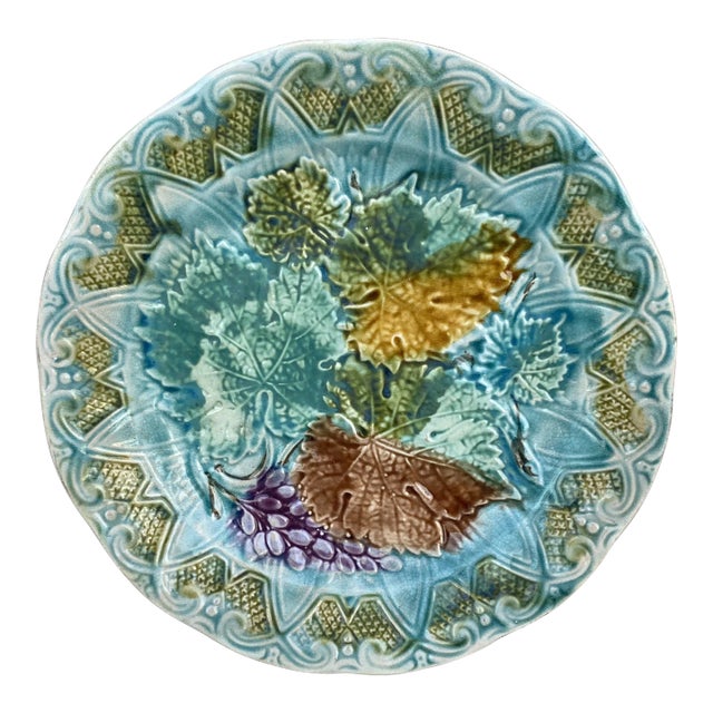 French Majolica Leaves & Grapes Plate Onnaing, Circa 1900 For Sale