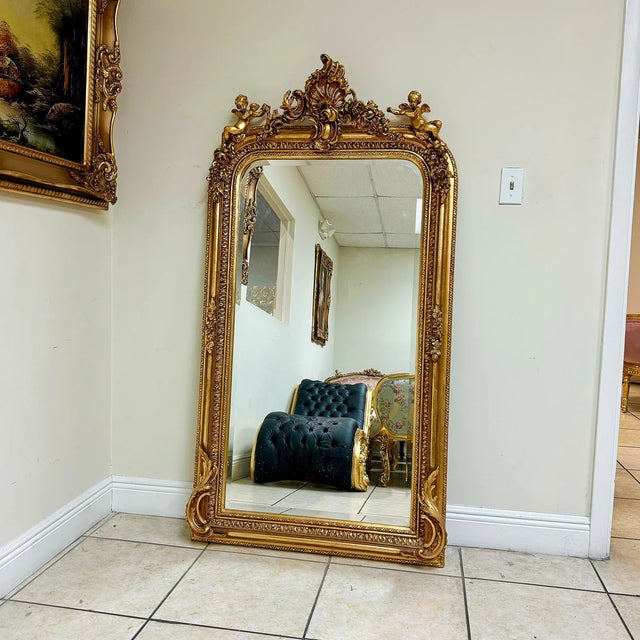 French Style Gold Floor Mirror Gold Leaf Details For Sale - Image 9 of 9