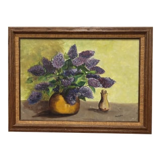 Vintage Mid-Century Signed and Framed Still Life Original Oil on Canvas Painting of Lilacs in a Jug, 1950s–1960s For Sale
