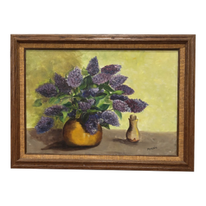 Vintage Mid-Century Signed and Framed Still Life Original Oil on Canvas Painting of Lilacs in a Jug, 1950s–1960s