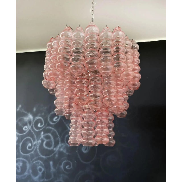 Three-Tier Bubble Murano Style Glass Tube Chandelier – 48 Pink Glasses For Sale In Los Angeles - Image 6 of 7
