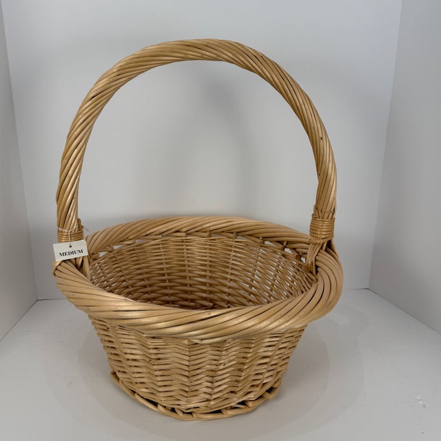 Wood Vintage Unused Natural Color Willow Basket With Twisted Handle For Sale - Image 7 of 8