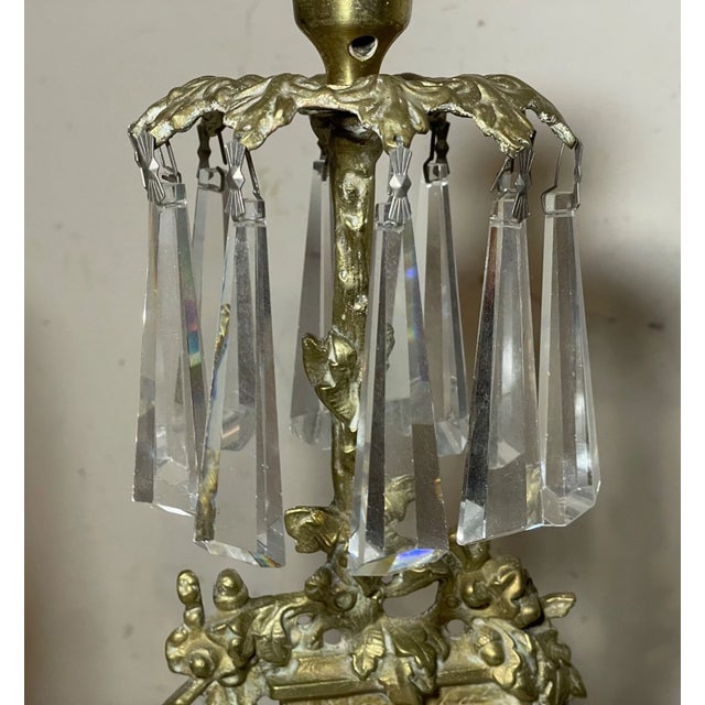 Pair of Antique Ornate Figural Brass Marble Crystal Girandole Candle Holders For Sale - Image 10 of 14