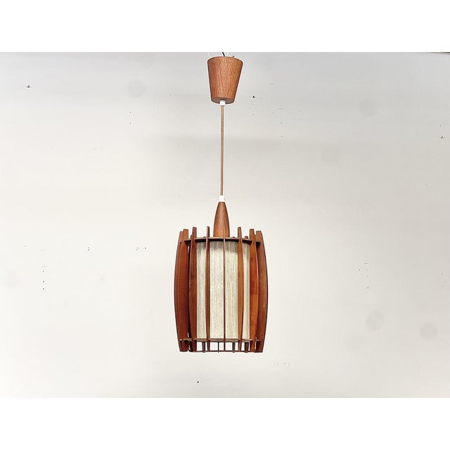 Mid-Century Pendant Lamp in Teak and Brass with Sculptural Lamella Shade, Denmark, 1950s-1960s For Sale - Image 10 of 12