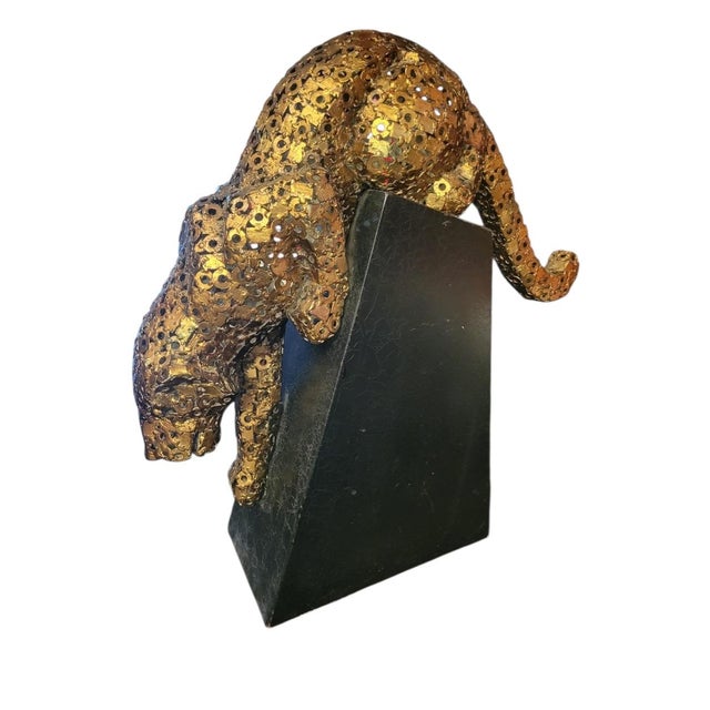 Palecek 1990s Large Scale Geometric Metal Gold Patina Pouncing Leopard Sculpture on Black Plinth For Sale - Image 4 of 9