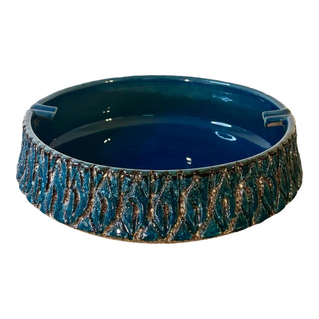 1950s Early Aldo Londi for Bitossi Ocean Blue Volcanic Glaze Ashtray, Italy For Sale