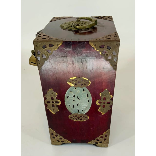 Chinese Vintage Chinese Jewelry Box With Carved Hardstone Inserts and Brass Hardware For Sale - Image 3 of 10
