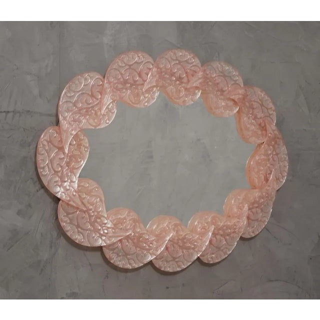Gold Mid-Century Murano Oval Pink Art Glass and Brass Italian Wall Mirror, 2000s For Sale - Image 8 of 9