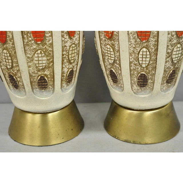 Vintage Mid Century Modern Ceramic Pottery Sculpted Teak Wood Table Lamps - Pair For Sale - Image 11 of 12