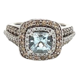 Mid 20th Century LeVian Aquamarine White & Chocolate Diamond Ring in 14k White Gold Size 4.5 For Sale