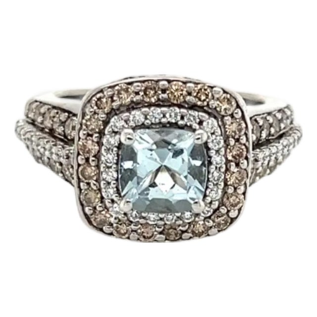 Mid 20th Century LeVian Aquamarine White & Chocolate Diamond Ring in 14k White Gold Size 4.5 For Sale