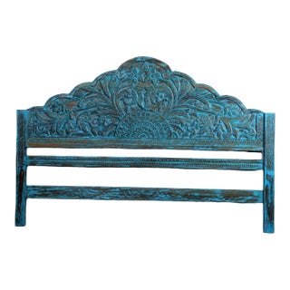 1920s Blue Vintage Floral Scalloped Solid Wood Hand Carved King Headboard For Sale