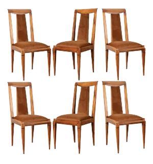 French Vintage Fruitwood and Velvet Dining Chairs - Set of 6