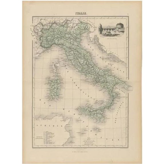 Antique Map of Italy with Vignette of Saint Angu Castle in Rome, 1880 For Sale