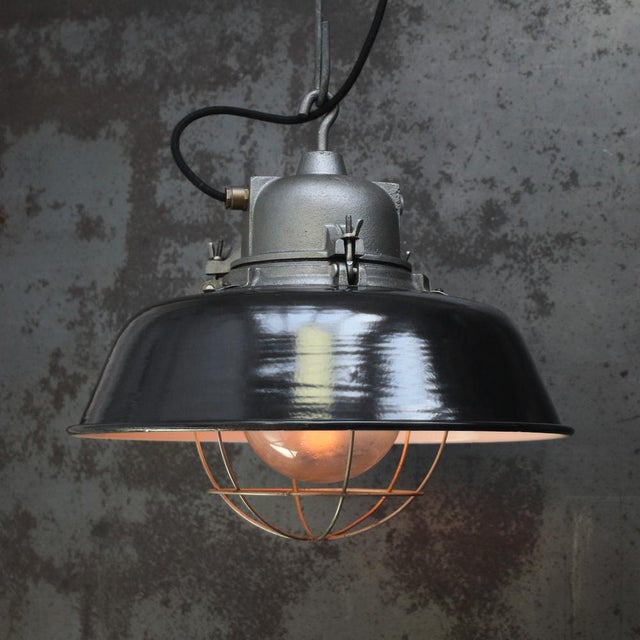 French black enamel vintage industrial pendant light by gal, france gal, founded in paris, 1928 by gustave arsene lancelot...