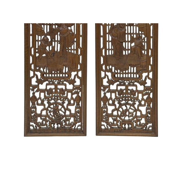 Asian Pair Vintage Oriental Brown Figural Motif Rectangular Wood Panels For Sale - Image 3 of 8