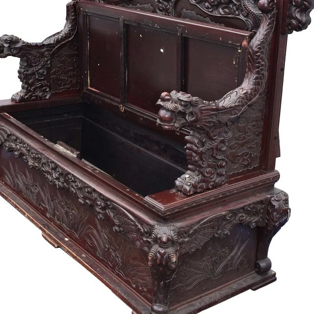 Asian Antique Oriental Heavily Carved Asian Hall Bench For Sale - Image 3 of 4