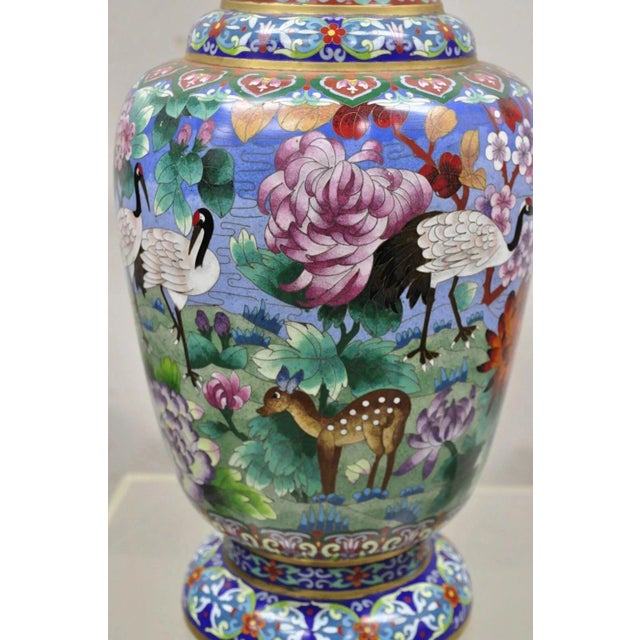 Vintage Chinese Cloisonné Porcelain Enamel Figural Crane and Deer Vase - A Pair For Sale In Philadelphia - Image 6 of 11