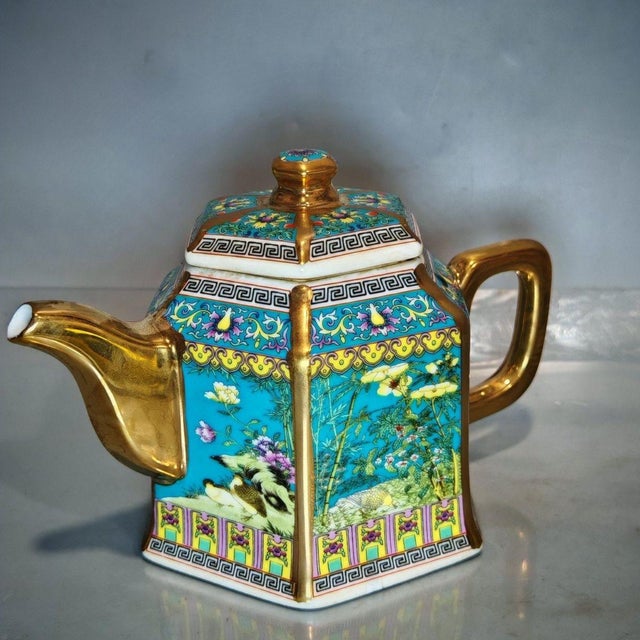 Hexagonal Famille Rose Gilded Porcelain Teapot, Chinoiserie Decor Tea Vessel For Sale - Image 4 of 9