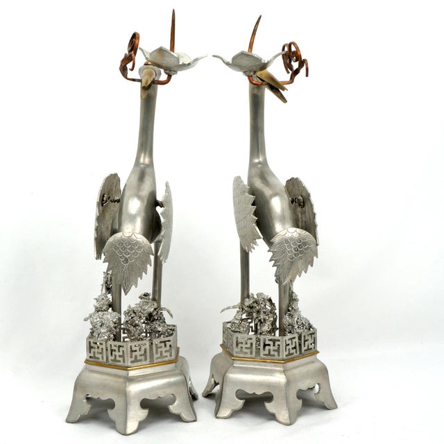 Late 20th Century Pair Chinese Mixed-Metal Pewter Crane Sculptures Candlesticks For Sale - Image 5 of 12