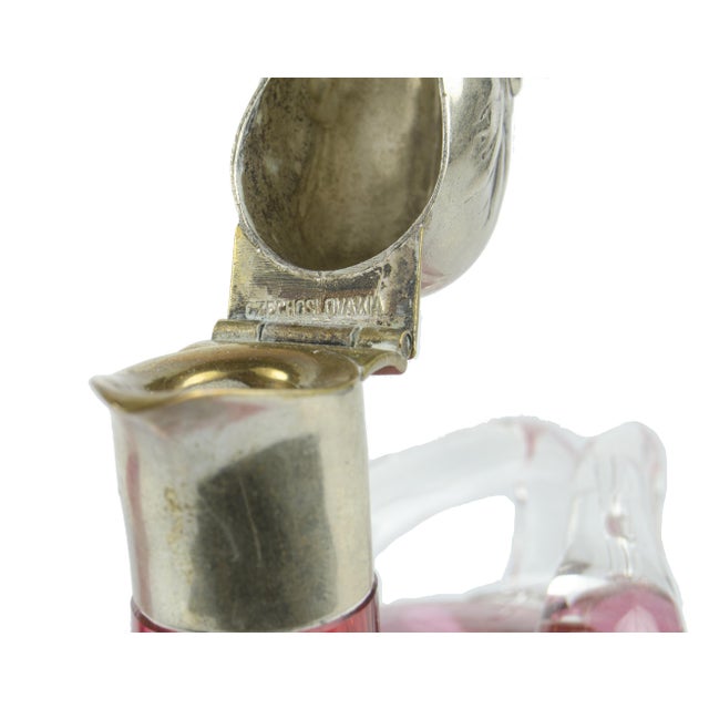 Metal Pair of 1960s Silver-Plated and Deep Cranberry Pink Glass Figural Duck Claret Jugs, Czech Republic For Sale - Image 7 of 10