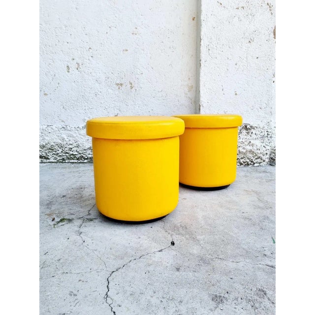 Wood Set of Mid-Century Yellow Leather Poufs, Italy, 1980s For Sale - Image 7 of 12