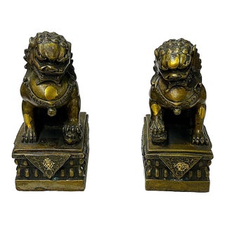 Pair Vintage Copper Color Metal Rustic Fengshui Foo Dog Lions Figures For Sale