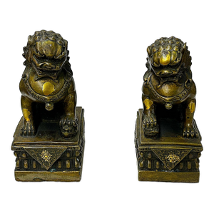 Pair Vintage Copper Color Metal Rustic Fengshui Foo Dog Lions Figures