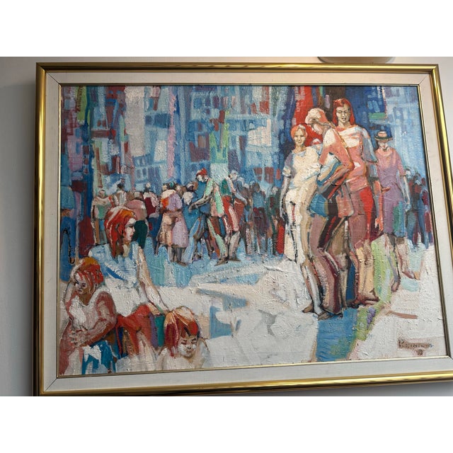 Capture the vibrant, kinetic energy of post-war American life with this exceptional, oversized mid-century modern oil...