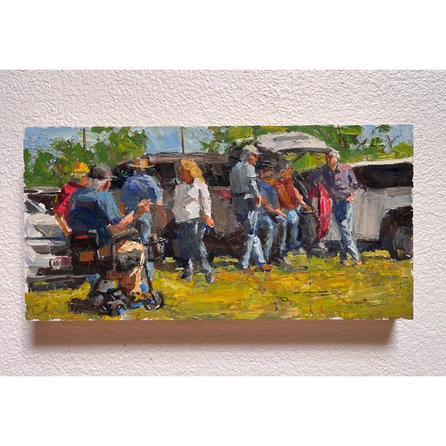 In "Waiting for the Train," a group of figures gathers in a sunlit setting, captured in vibrant, textured strokes of oil...