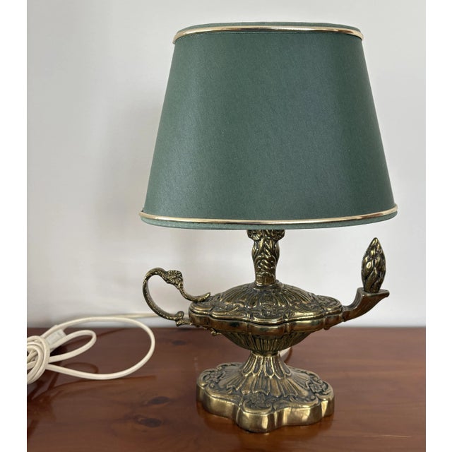 Vintage Brass Aladdin Style Table Lamp with Green Shade, in Very Good conditions. Designed 1950 to 1959 European Plug (up...