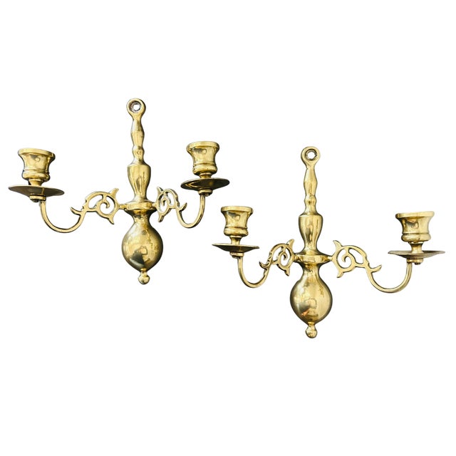 Pottery Barn Vintage Brass Double-Arm Wall Candle Sconces – Pair – Ornate Scrollwork Colonial Williamsburg / Federal / Hollywood Regency Style For Sale - Image 4 of 8
