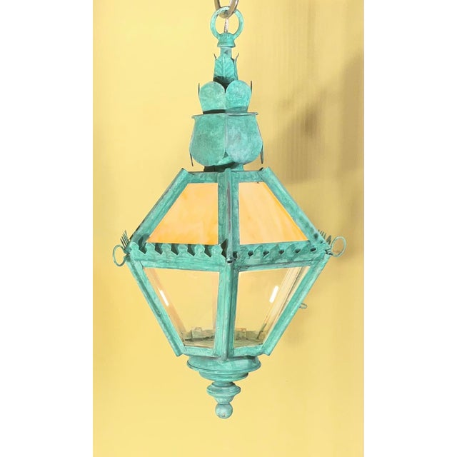 Vintage Verdigris Patina Lantern – Art Glass Hanging Chandelier/ Pendant For Sale - Image 4 of 16