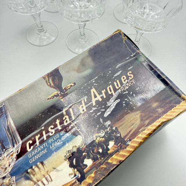 1970s Cristal D’Arques St Germain Crystal Coupe Glasses 9cl Includes Original Box France - Set of 6 For Sale - Image 9 of 12