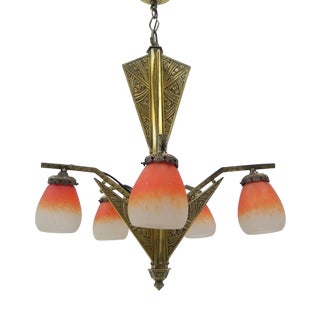 Art Deco Brass Hanging Lamp with Pates De Verre Shades, 1930s For Sale