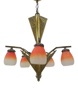 Art Deco Brass Hanging Lamp with Pates De Verre Shades, 1930s