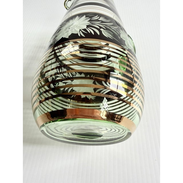 Vintage Mid-Century Modern Bohemian Green Glass Pitcher Cut Flowers, Gold & Black Bands For Sale In Cleveland - Image 6 of 17