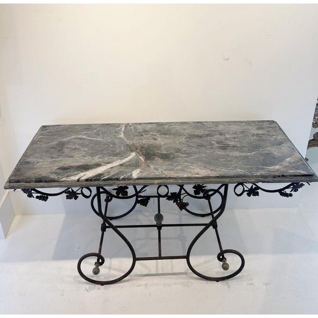 French Pair of 19th Century French Marble Top Iron Consoles With Grape Detail For Sale - Image 3 of 12