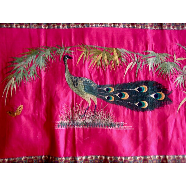 Late 19th Century Chinese Silk Embroidery Peacock, Bords and Butterflies For Sale - Image 5 of 12