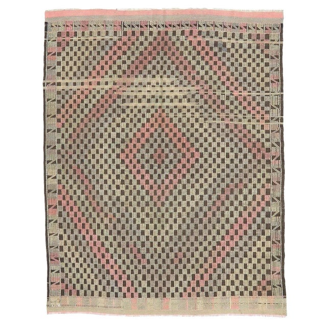 Textile Mid 20th Century Vintage Embroidered Turkish Kilim Rug For Sale - Image 7 of 7