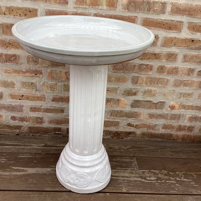 Vintage American Made White Glazed Terracotta Column Pedestal Bird Bath For Sale - Image 10 of 12