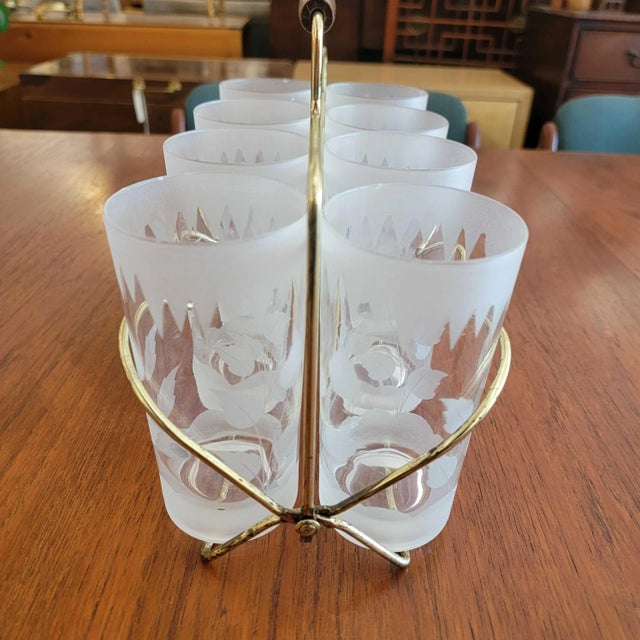 Vintage Mid-Century Modern Frosted Glasses With Caddy- 9 Pieces For Sale - Image 10 of 10