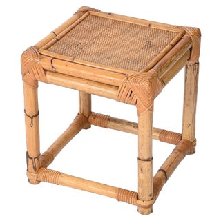 Mid-Century Italian Cube Side Table in Bamboo and Rattan, 1970s For Sale