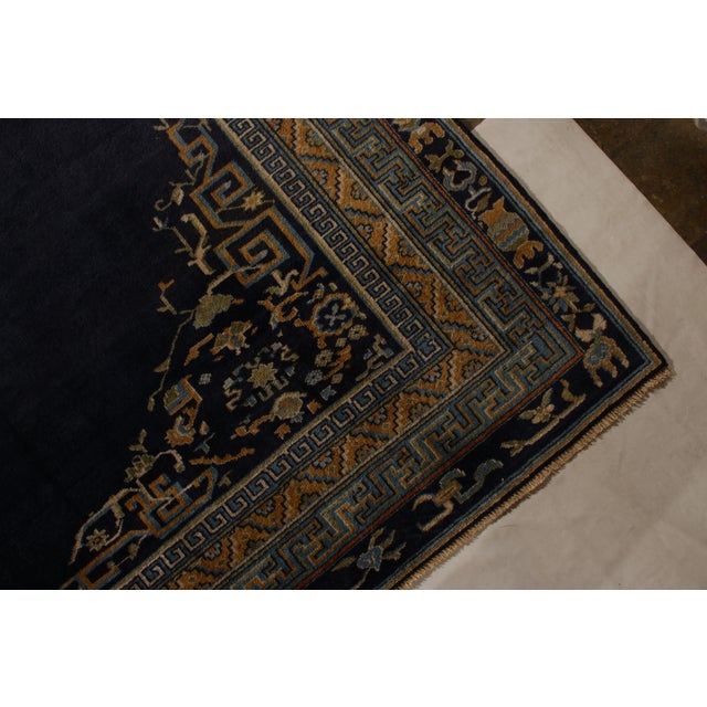 Blue Antique Samarkand Rug Art Deco Blue and Gold Pattern For Sale - Image 8 of 9