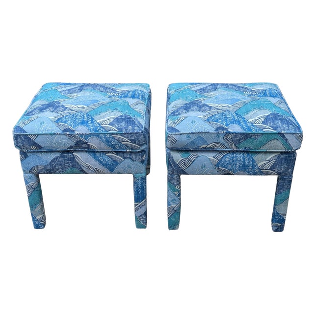 Lee Jofa Lee Jofa Kelly Wearstler Edo Linen in Teal Parsons Ottomans - a Pair For Sale - Image 4 of 9