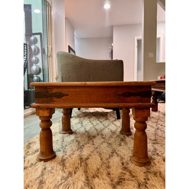 Vintage Indian Carved Teak Accent Table With Shadowbox Inset Brass Window Grate Glass Top For Sale In Los Angeles - Image 6 of 6