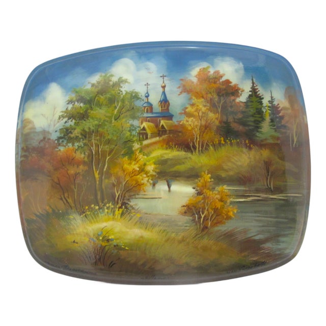 Russian Fedoskino Lacquer Mother of Pearl Hand Painted Landscape Box For Sale