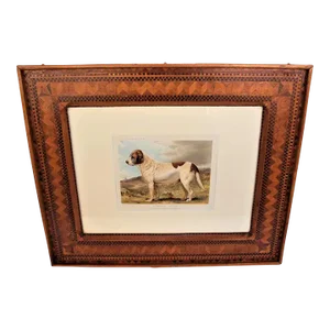 Antique Framed Chromolithograph Print St. Bernard Dog in Handmade Wooden Frame